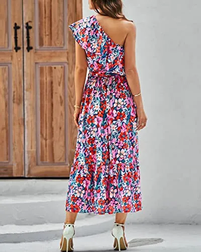 BTFBM Women's One Shoulder Maxi Dress Sleeveless Casual Summer Layered Ruffle Boho Floral Print Party Beach A-Line Dresses(Multicolored Navy, X-Large)