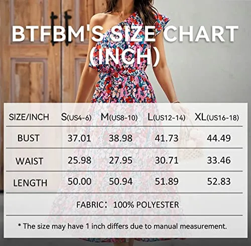 BTFBM Women's One Shoulder Maxi Dress Sleeveless Casual Summer Layered Ruffle Boho Floral Print Party Beach A-Line Dresses(Multicolored Navy, X-Large)