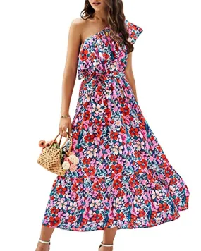 BTFBM Women's One Shoulder Maxi Dress Sleeveless Casual Summer Layered Ruffle Boho Floral Print Party Beach A-Line Dresses(Multicolored Navy, X-Large)