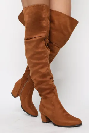 Camel Suede Split Back Heeled Knee High Boots - Reyna