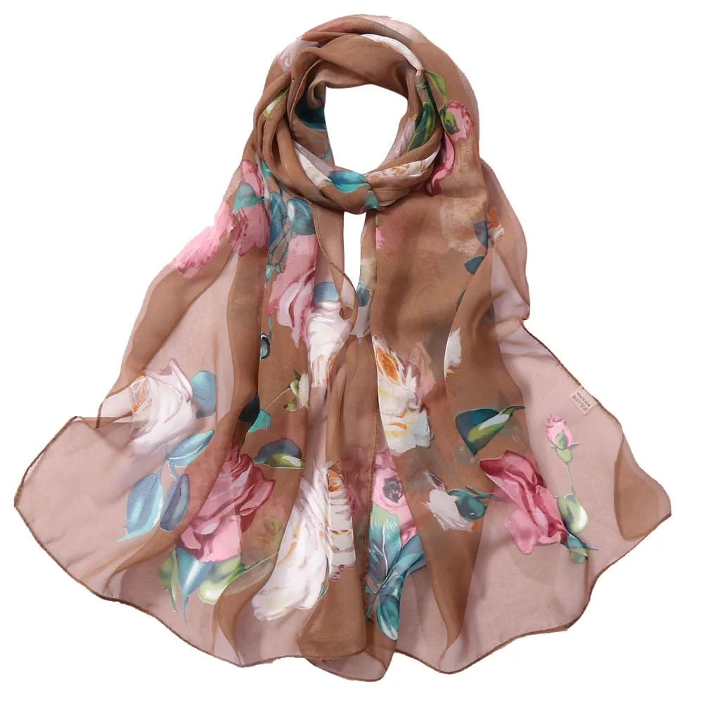 Chiffon Florak Print Scarves Silk Scarf Fashion Women Roses Printing Long Soft Wrap Scarf Simulation Silk Shawl Beach Scarf