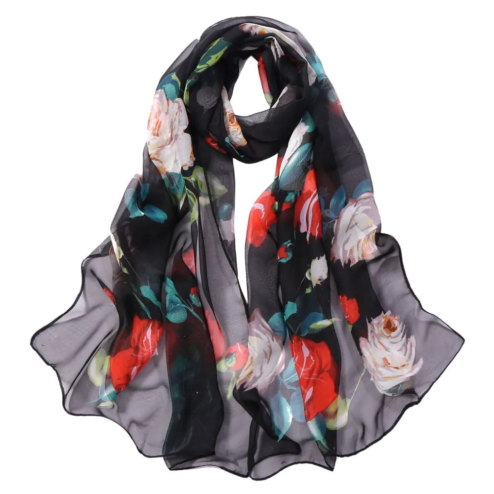 Chiffon Florak Print Scarves Silk Scarf Fashion Women Roses Printing Long Soft Wrap Scarf Simulation Silk Shawl Beach Scarf