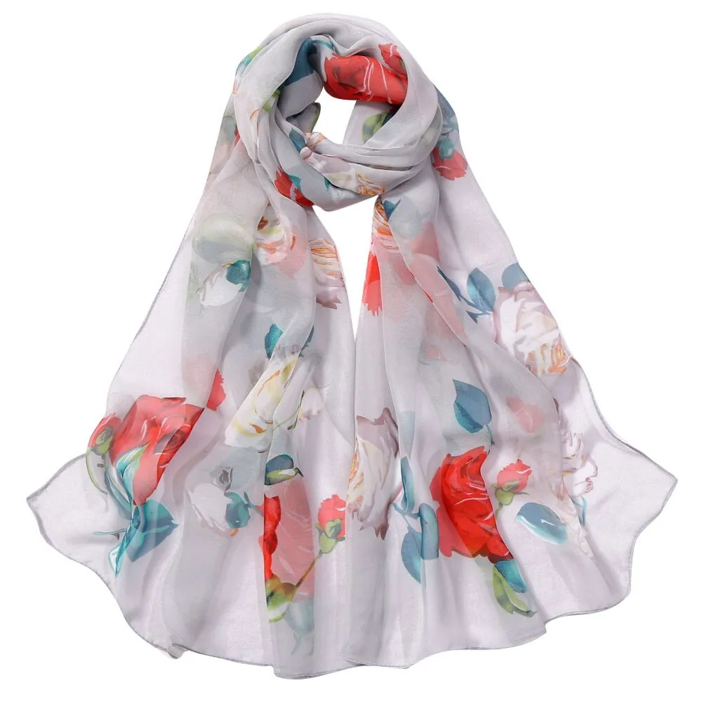 Chiffon Florak Print Scarves Silk Scarf Fashion Women Roses Printing Long Soft Wrap Scarf Simulation Silk Shawl Beach Scarf