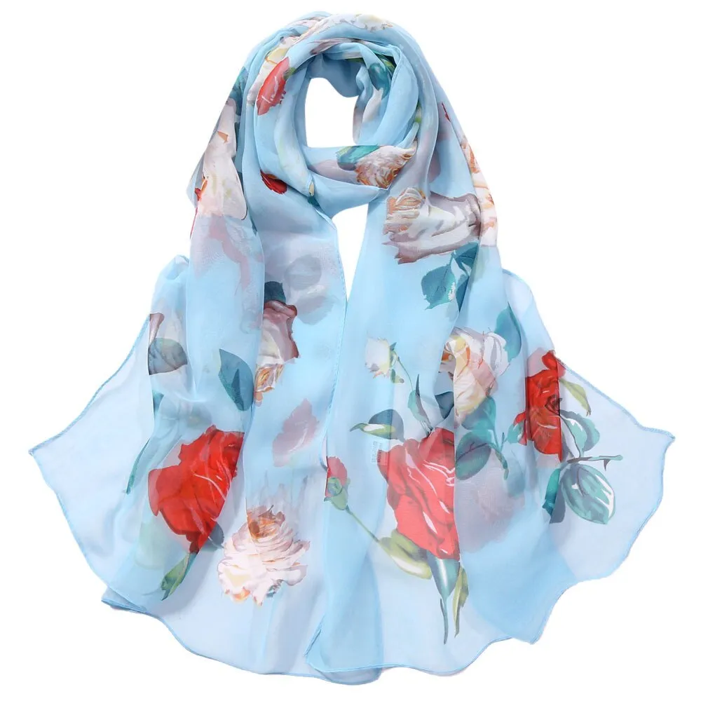 Chiffon Florak Print Scarves Silk Scarf Fashion Women Roses Printing Long Soft Wrap Scarf Simulation Silk Shawl Beach Scarf