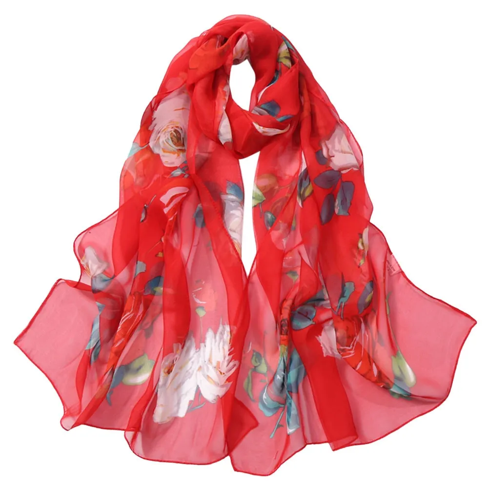 Chiffon Florak Print Scarves Silk Scarf Fashion Women Roses Printing Long Soft Wrap Scarf Simulation Silk Shawl Beach Scarf