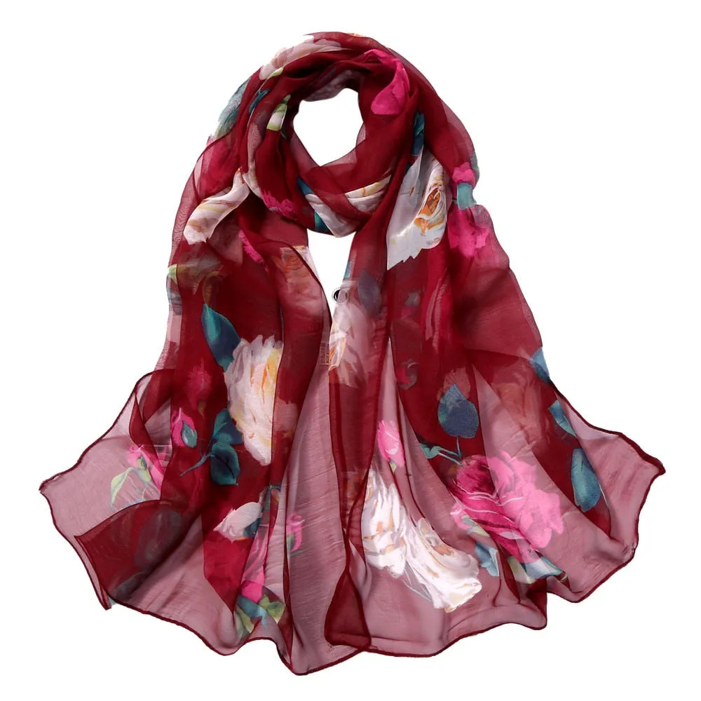 Chiffon Florak Print Scarves Silk Scarf Fashion Women Roses Printing Long Soft Wrap Scarf Simulation Silk Shawl Beach Scarf