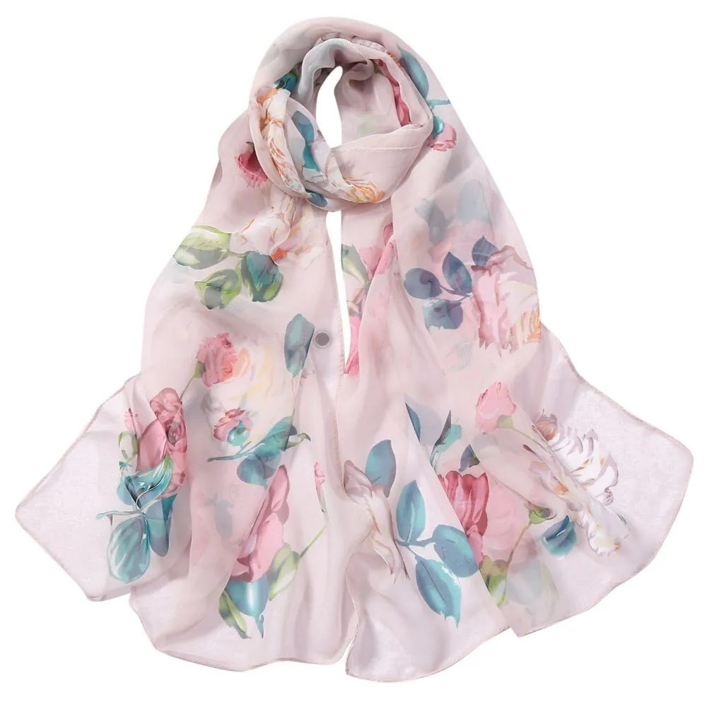 Chiffon Florak Print Scarves Silk Scarf Fashion Women Roses Printing Long Soft Wrap Scarf Simulation Silk Shawl Beach Scarf