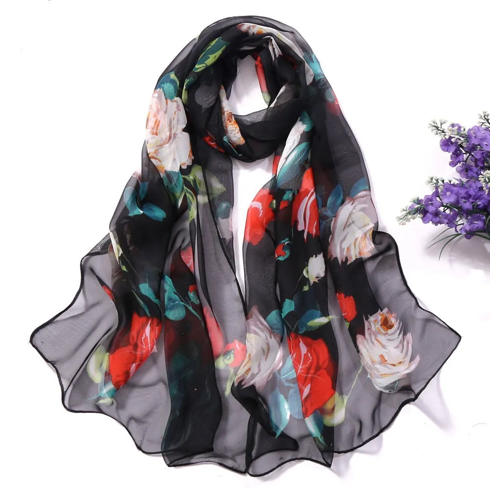 Chiffon Florak Print Scarves Silk Scarf Fashion Women Roses Printing Long Soft Wrap Scarf Simulation Silk Shawl Beach Scarf