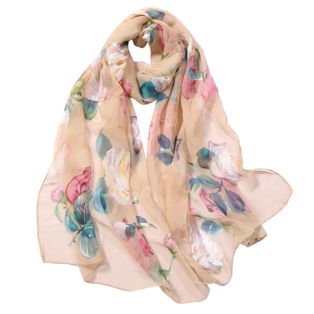 Chiffon Florak Print Scarves Silk Scarf Fashion Women Roses Printing Long Soft Wrap Scarf Simulation Silk Shawl Beach Scarf