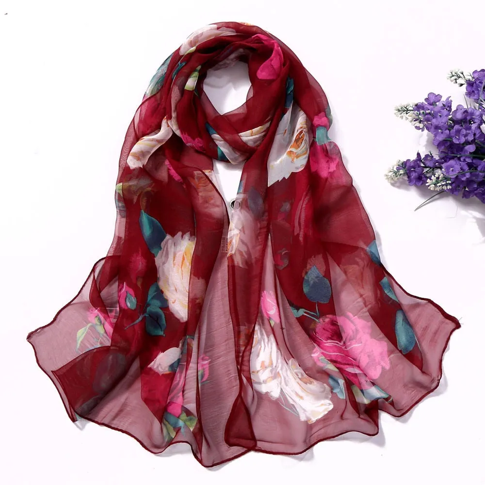 Chiffon Florak Print Scarves Silk Scarf Fashion Women Roses Printing Long Soft Wrap Scarf Simulation Silk Shawl Beach Scarf