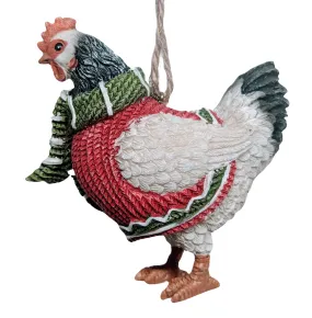 Christmas Chicken Ornament Wearing Red Christmas Sweater & Green Scarf