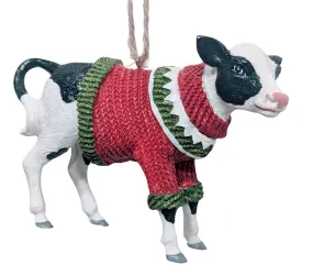 Christmas Cow Ornament Wearing Red Christmas Sweater & Green Scarf