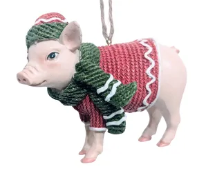 Christmas Pig Ornament Wearing Red Christmas Sweater & Green Scarf