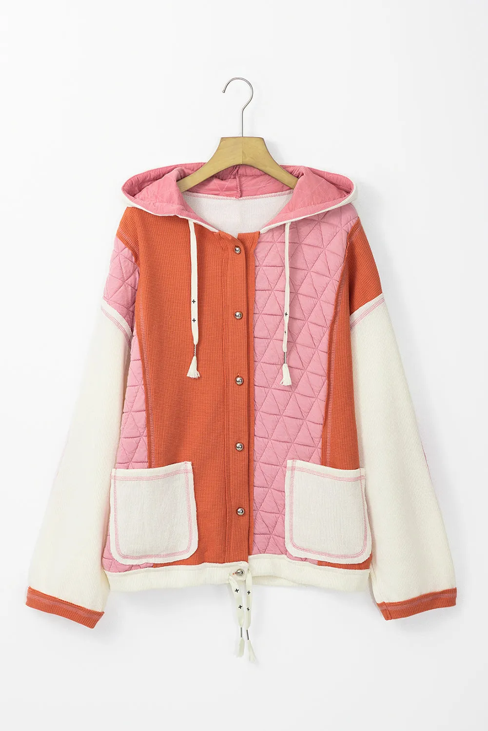 Coral Quilted Textured Patchwork Loose Fit Hooded Jacket