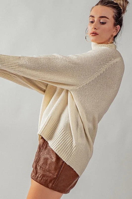 Cream High Turtle Neck Drop Shoulder Knit Top