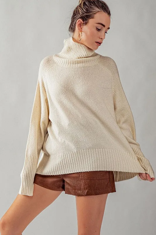 Cream High Turtle Neck Drop Shoulder Knit Top