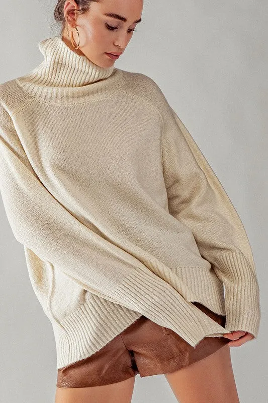 Cream High Turtle Neck Drop Shoulder Knit Top