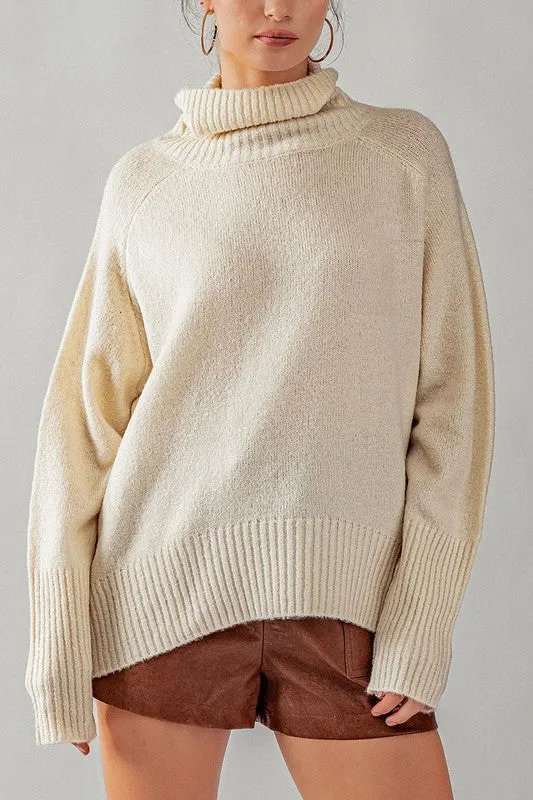 Cream High Turtle Neck Drop Shoulder Knit Top