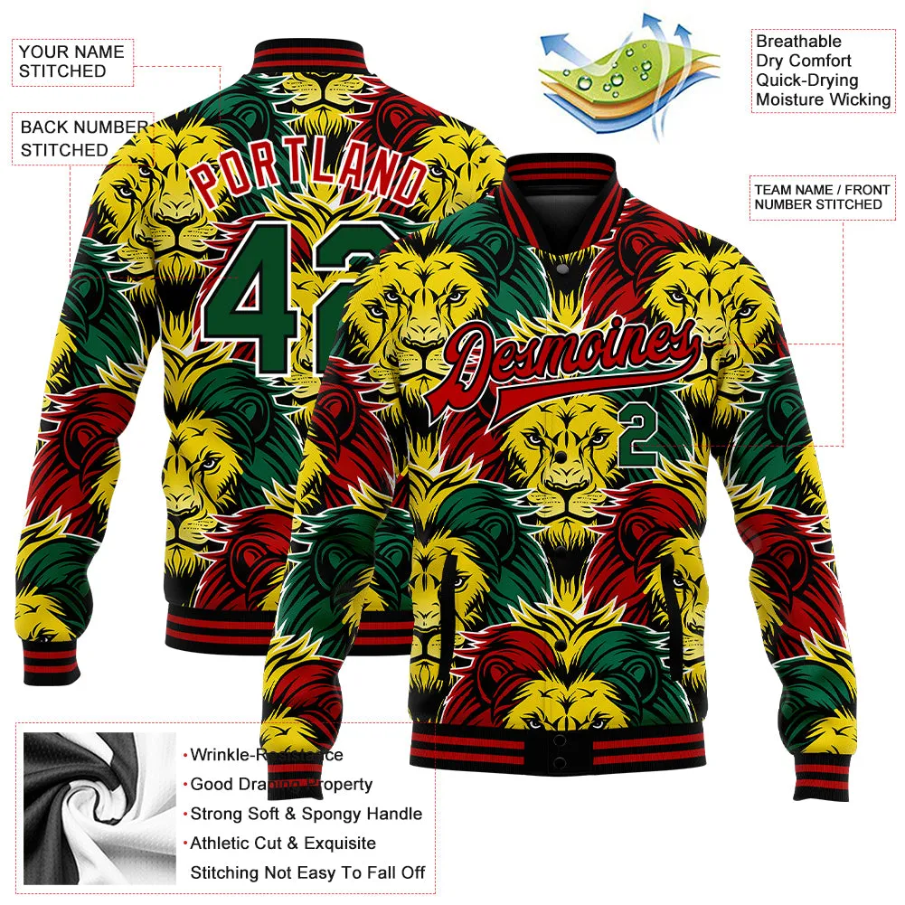 Custom Black Kelly Green Red-Gold Black History Month Lion 3D Pattern Design Bomber Full-Snap Varsity Letterman Jacket