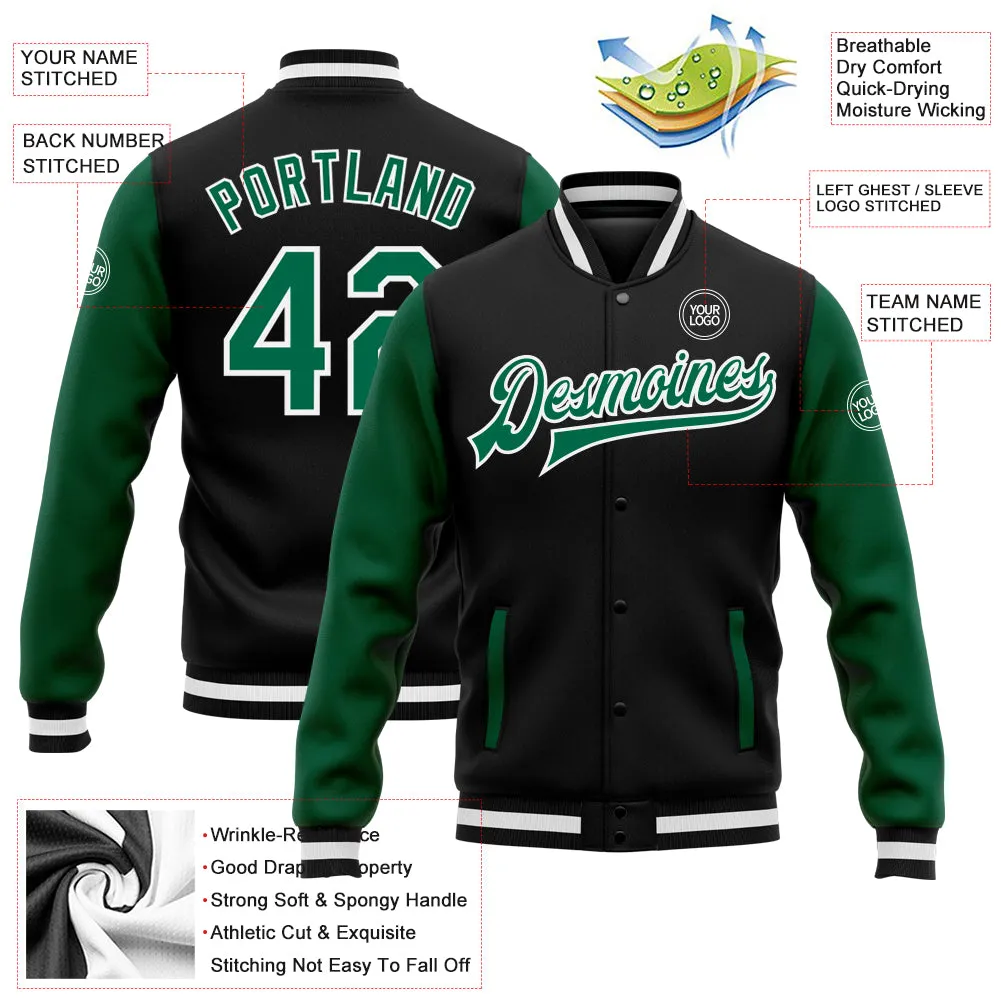 Custom Black Kelly Green-White Bomber Full-Snap Varsity Letterman Two Tone Jacket