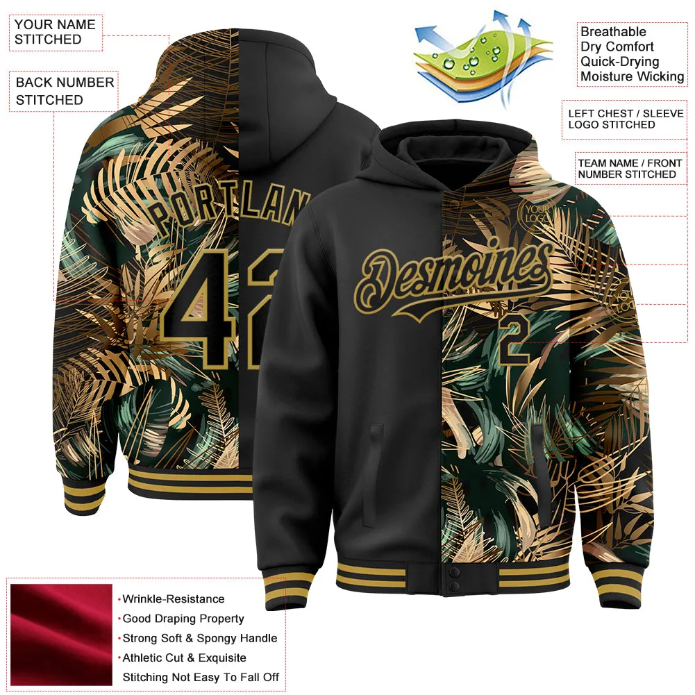 Custom Black Old Gold Tropical Hawaii Jungle Leaves 3D Bomber Full-Snap Varsity Letterman Hoodie Jacket