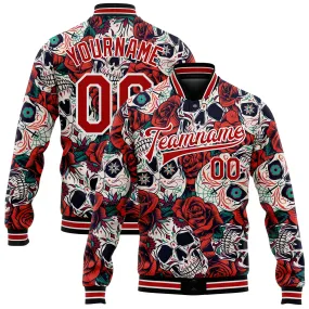 Custom Black Red-White Skull With Flower 3D Bomber Full-Snap Varsity Letterman Jacket