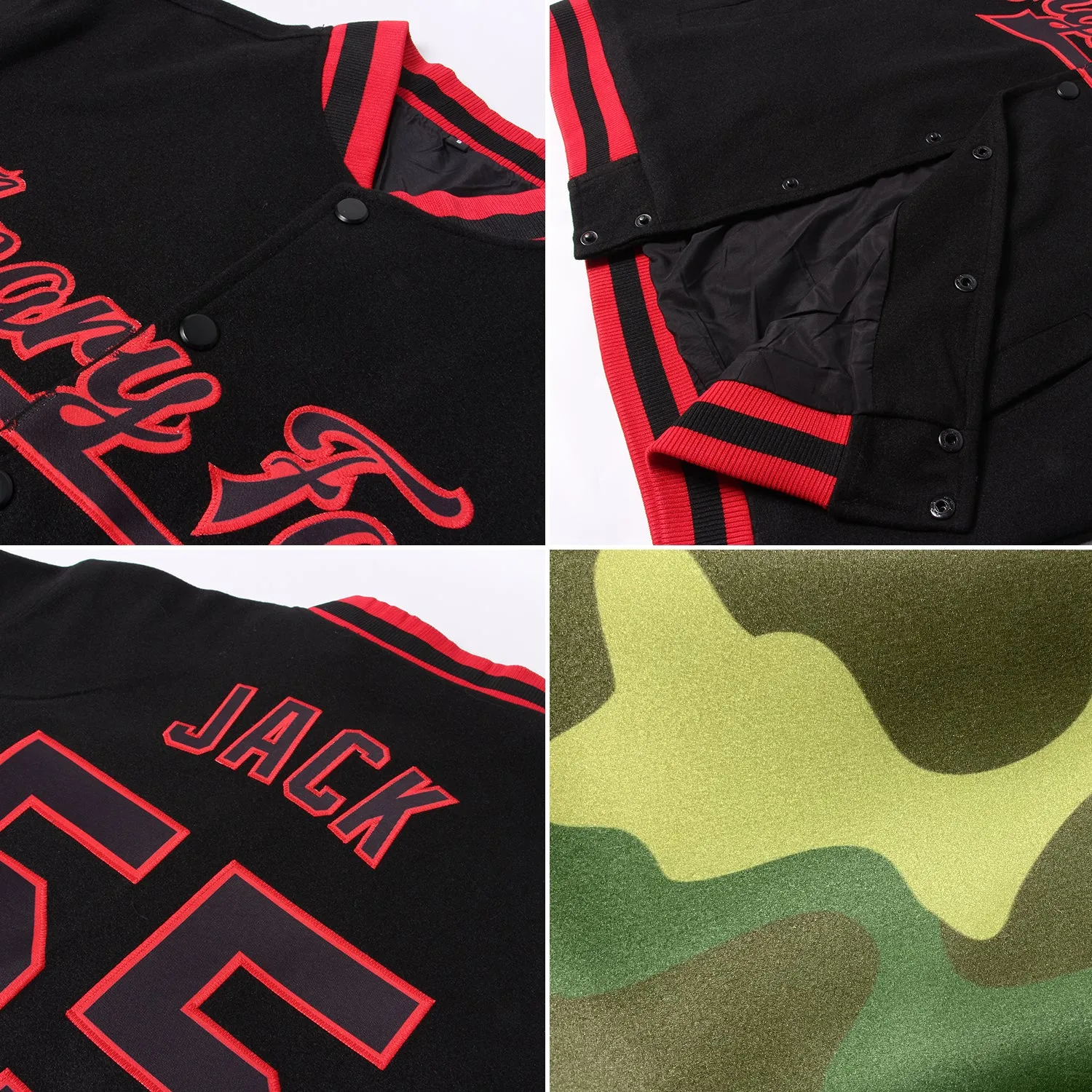 Custom Camo Red-Kelly Green Bomber Full-Snap Varsity Letterman Salute To Service Jacket