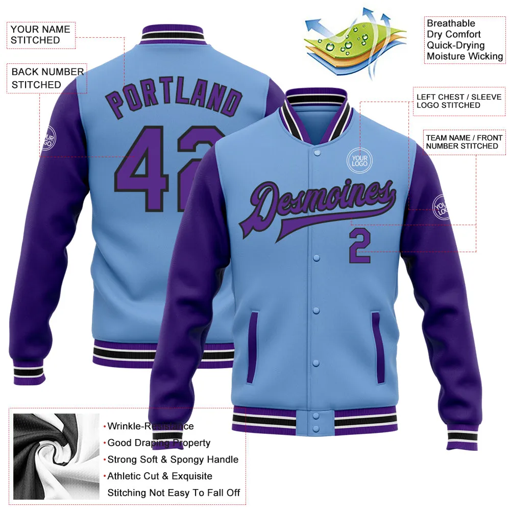 Custom Light Blue Purple-Black Bomber Full-Snap Varsity Letterman Two Tone Jacket