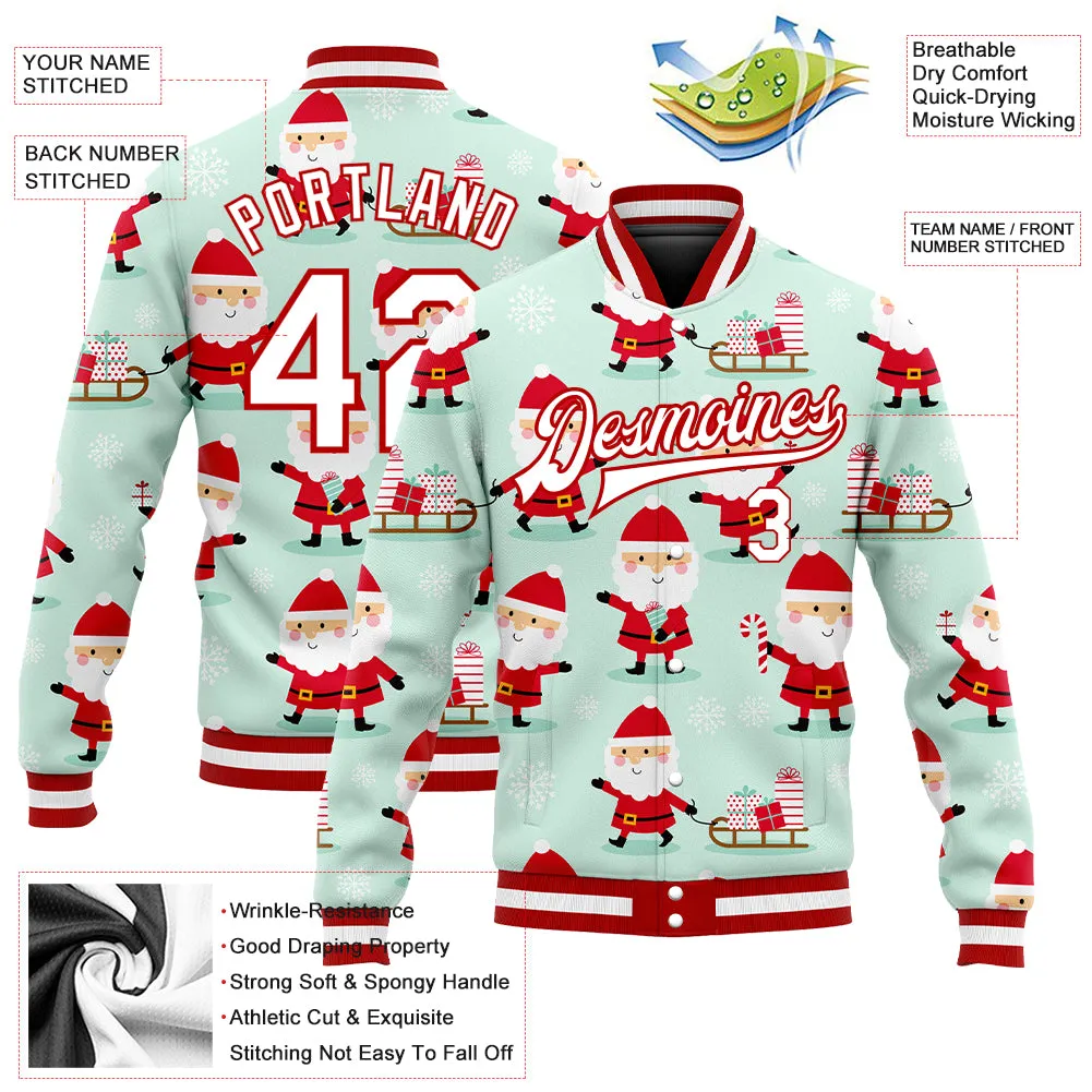 Custom Pea Green White-Red Christmas 3D Bomber Full-Snap Varsity Letterman Jacket