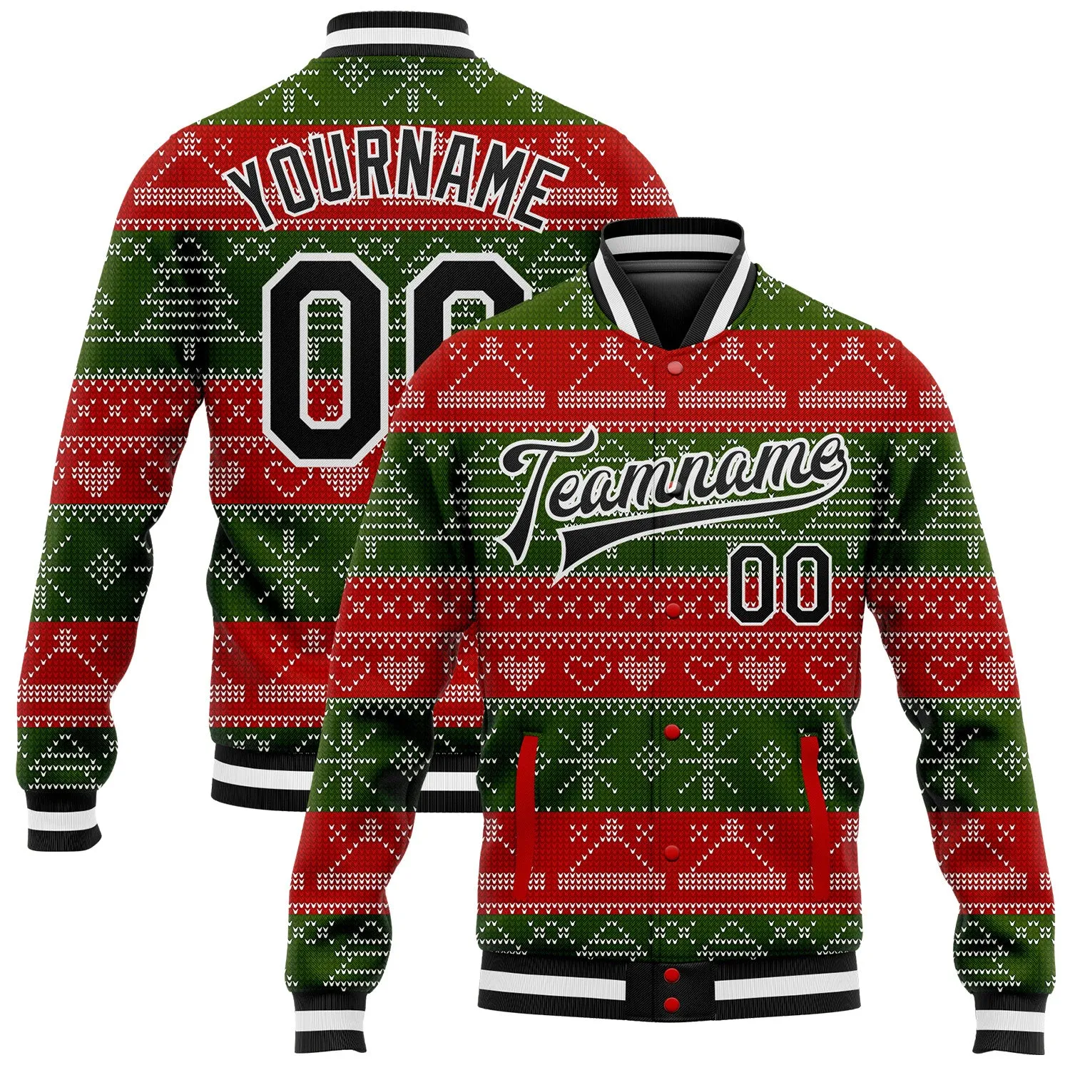 Custom Red Black-Green Christmas 3D Bomber Full-Snap Varsity Letterman Jacket