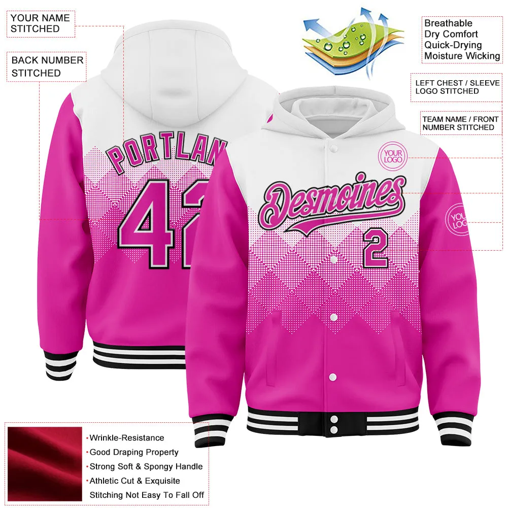 Custom White Deep Pink-Black Gradient Square Shape 3D Pattern Design Bomber Full-Snap Varsity Letterman Hoodie Jacket