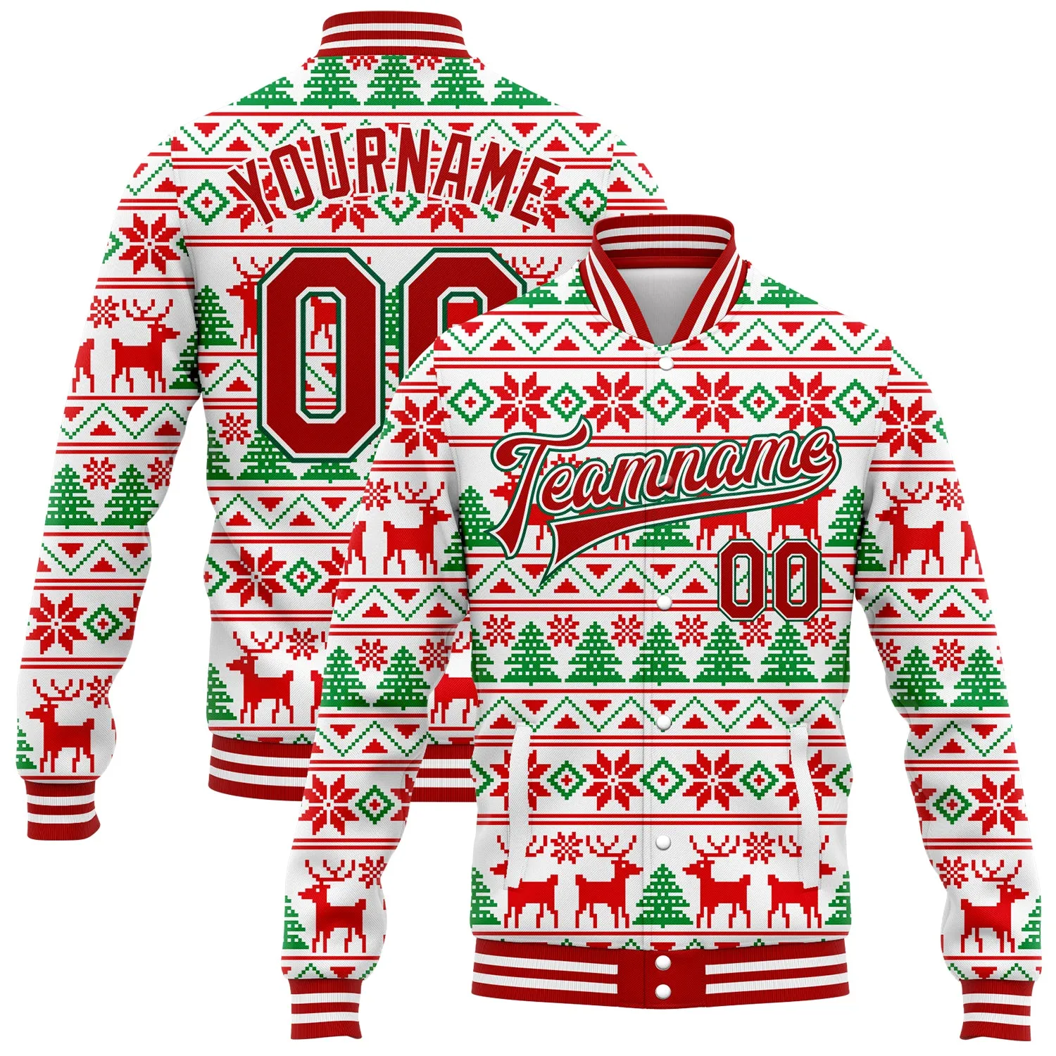 Custom White Red-Kelly Green Christmas 3D Bomber Full-Snap Varsity Letterman Jacket