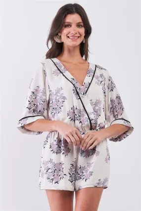 Dahlia Cream & Blush Kimono Inspired Floral Print Wrap Plunging V-neck Romper