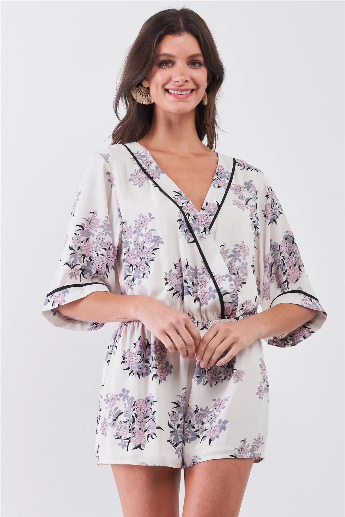 Dahlia Cream & Blush Kimono Inspired Floral Print Wrap Plunging V-neck Romper