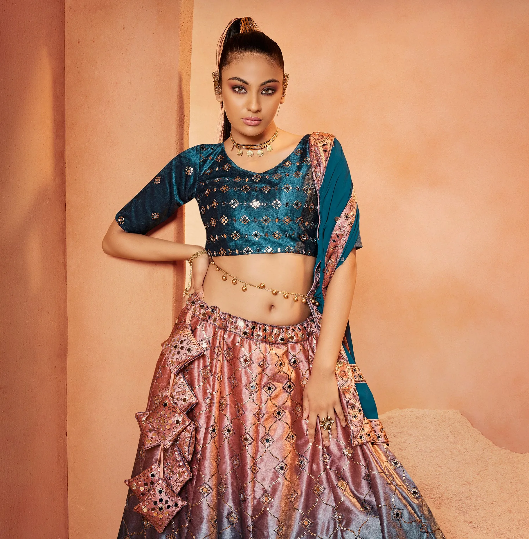 Decent Teal Blue Color Mirror & Sequence Work Velvet Lehenga Choli