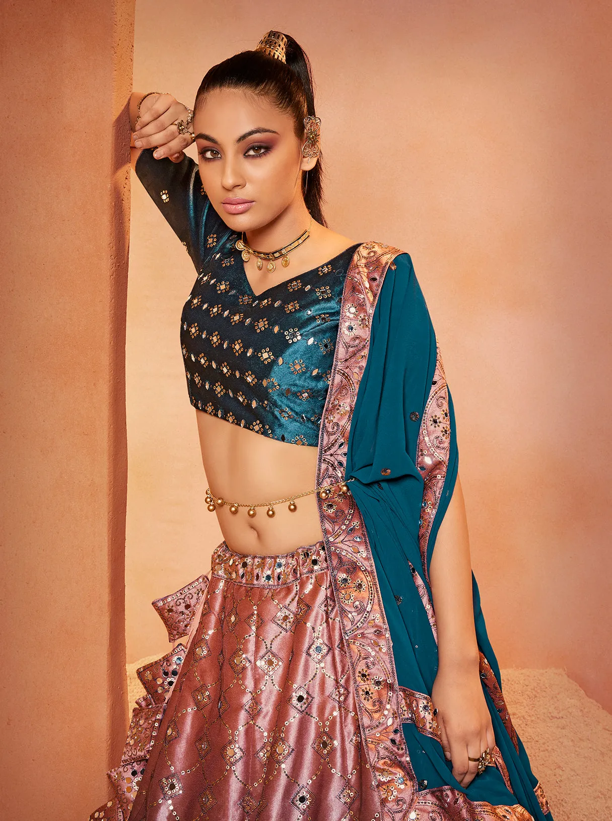 Decent Teal Blue Color Mirror & Sequence Work Velvet Lehenga Choli