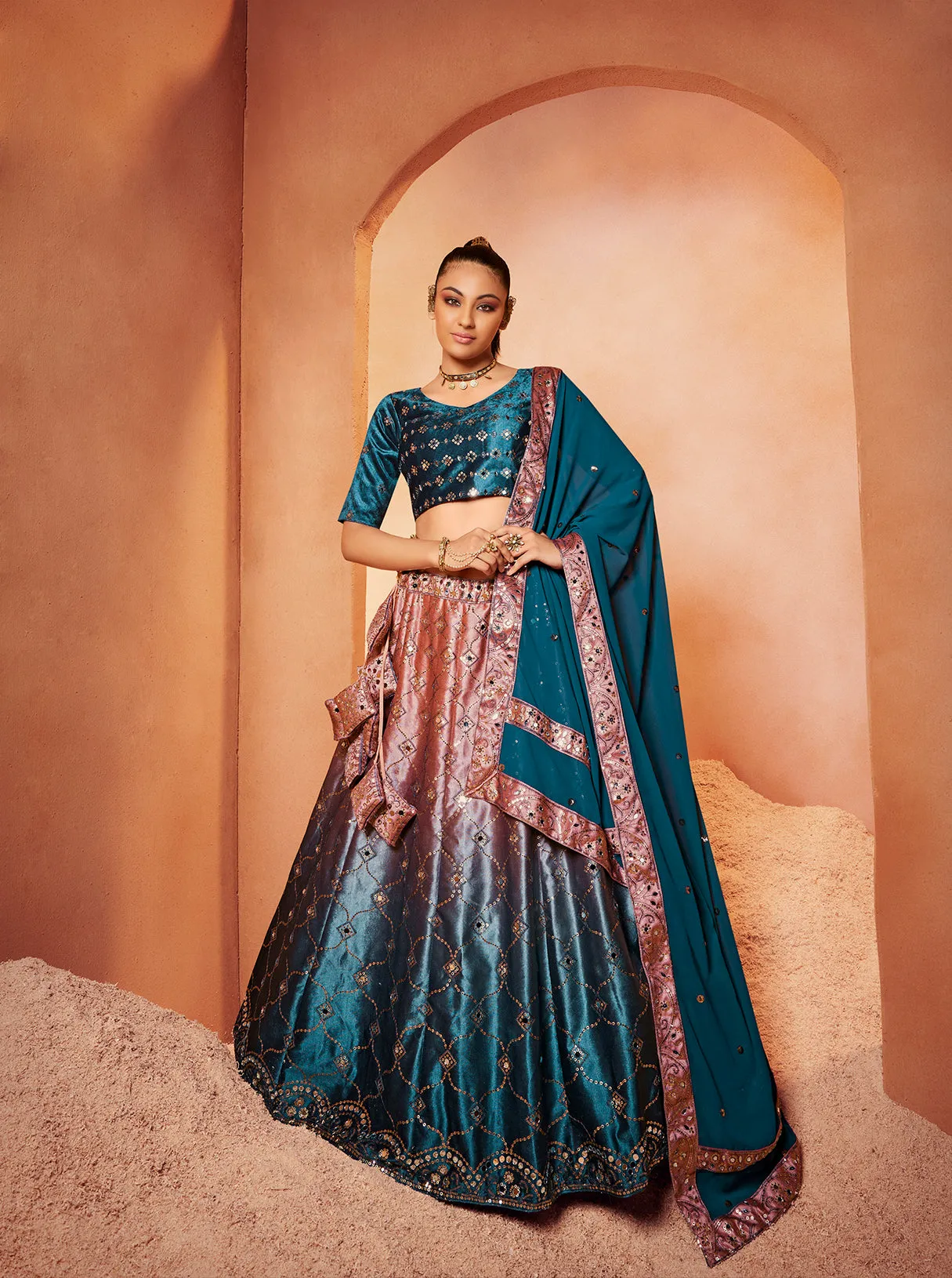 Decent Teal Blue Color Mirror & Sequence Work Velvet Lehenga Choli