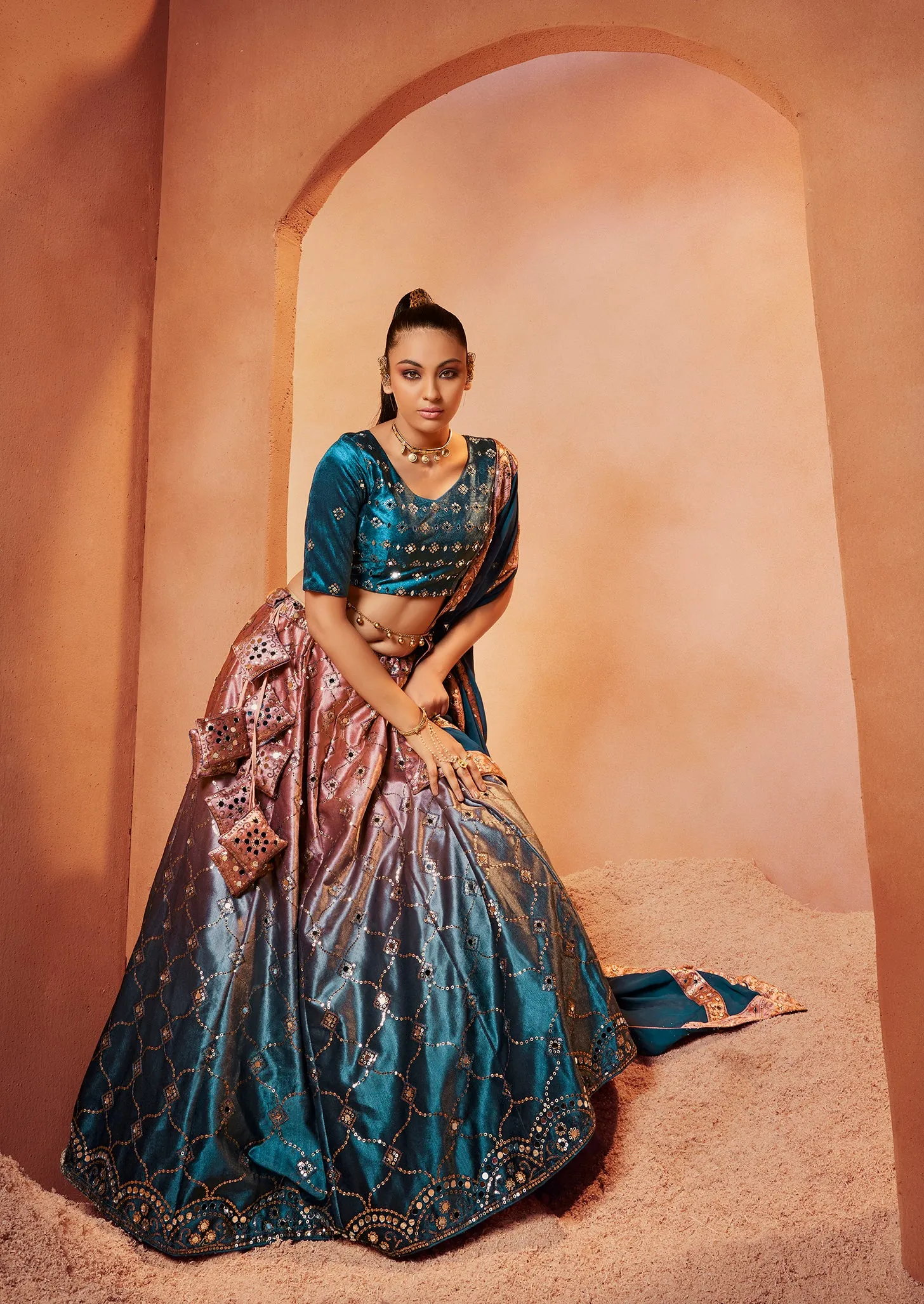 Decent Teal Blue Color Mirror & Sequence Work Velvet Lehenga Choli