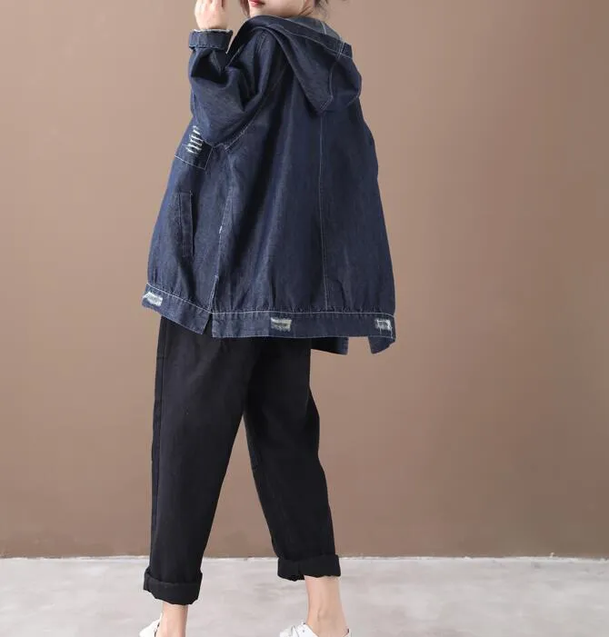 Denim Hooded Loose Short Casual Coat A line Parka Plus Size Coat Jacket