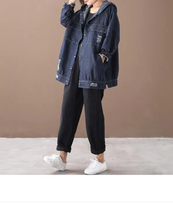 Denim Hooded Loose Short Casual Coat A line Parka Plus Size Coat Jacket