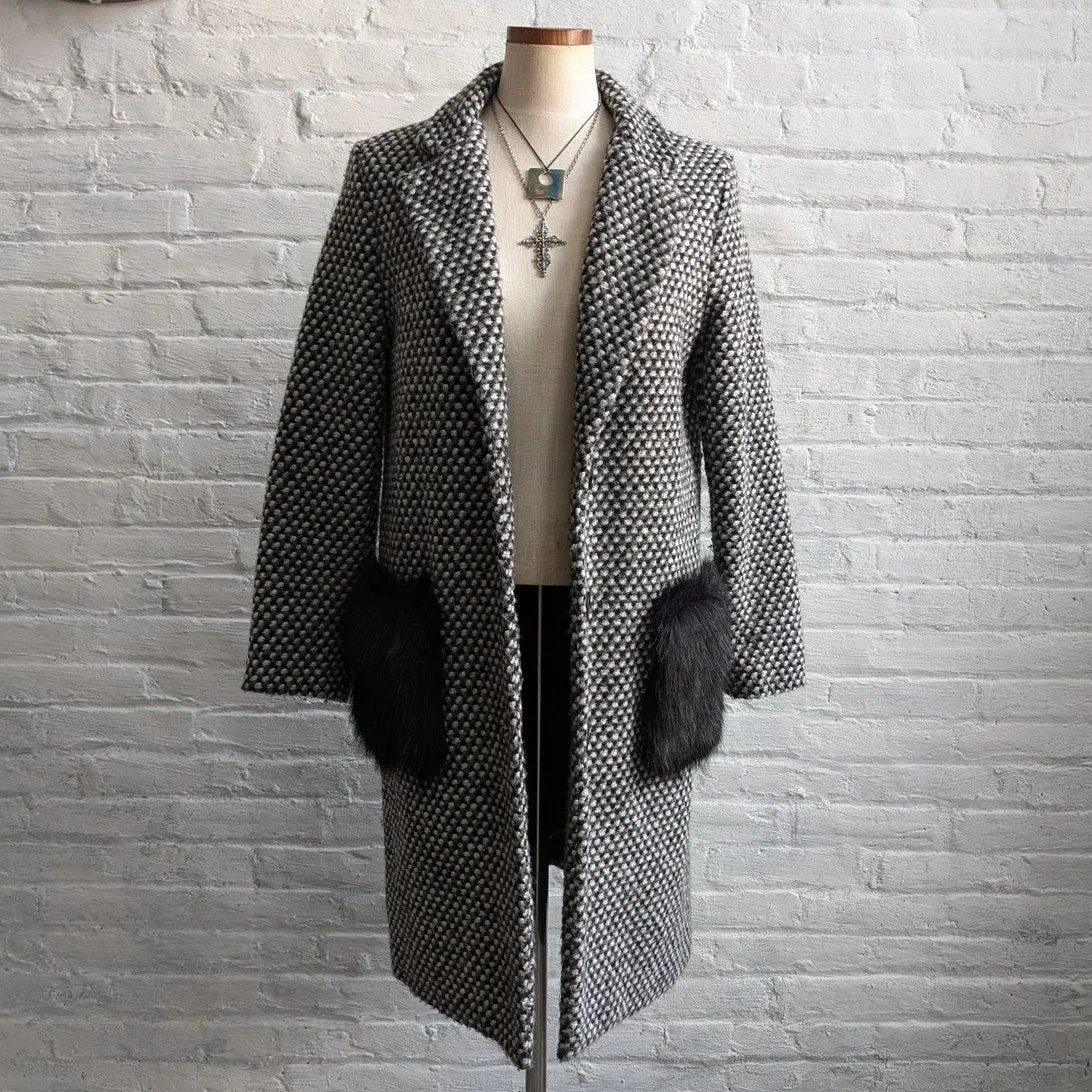 Designer Faux Fur Wool Duster Minimalist Chunky Woven Checker Peacoat Jacket