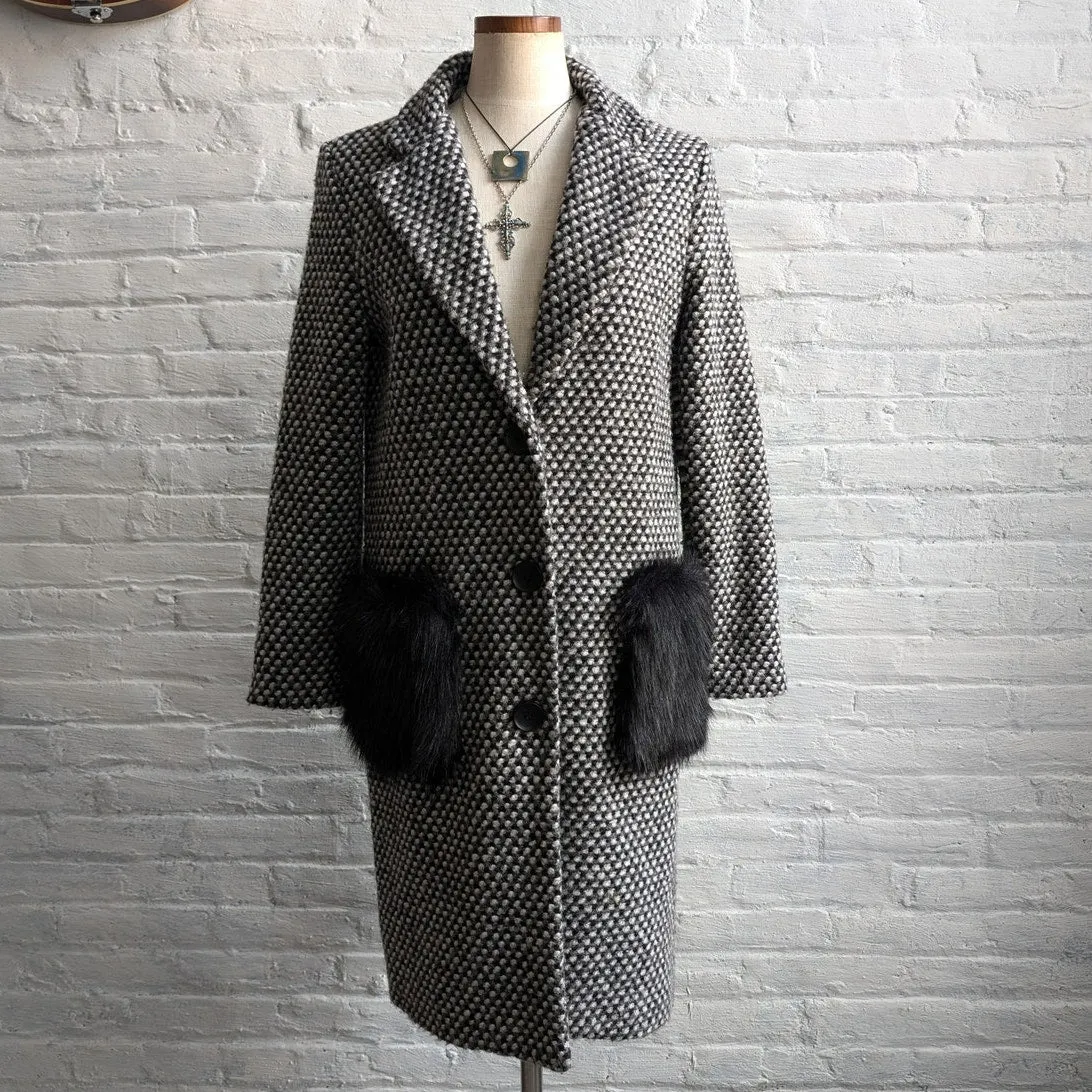 Designer Faux Fur Wool Duster Minimalist Chunky Woven Checker Peacoat Jacket