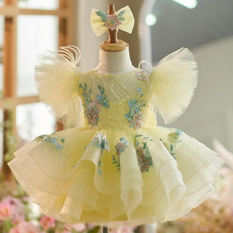 Embroidered elements Baby birthday party princess dress Soft Yellow Kids Flower Dress