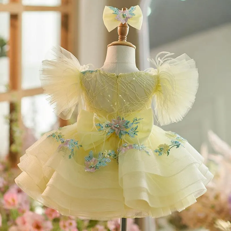 Embroidered elements Baby birthday party princess dress Soft Yellow Kids Flower Dress