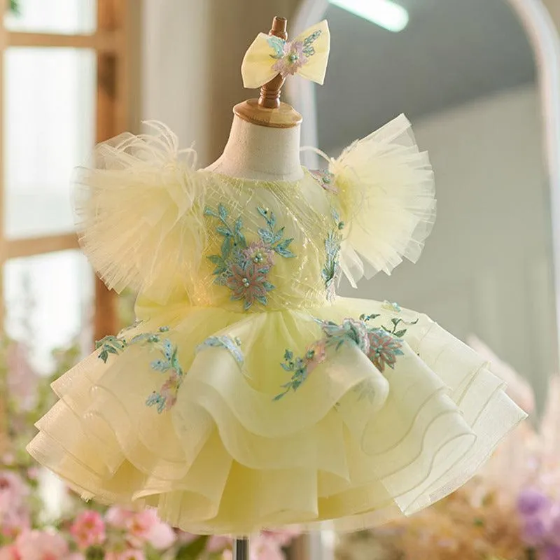 Embroidered elements Baby birthday party princess dress Soft Yellow Kids Flower Dress