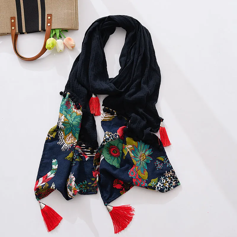 Ethnic scarf ladies retro Tibetan style stitching tassel spring and autumn cotton and linen red scarf shawl