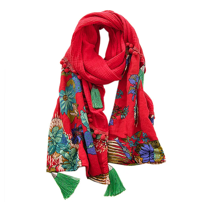 Ethnic scarf ladies retro Tibetan style stitching tassel spring and autumn cotton and linen red scarf shawl