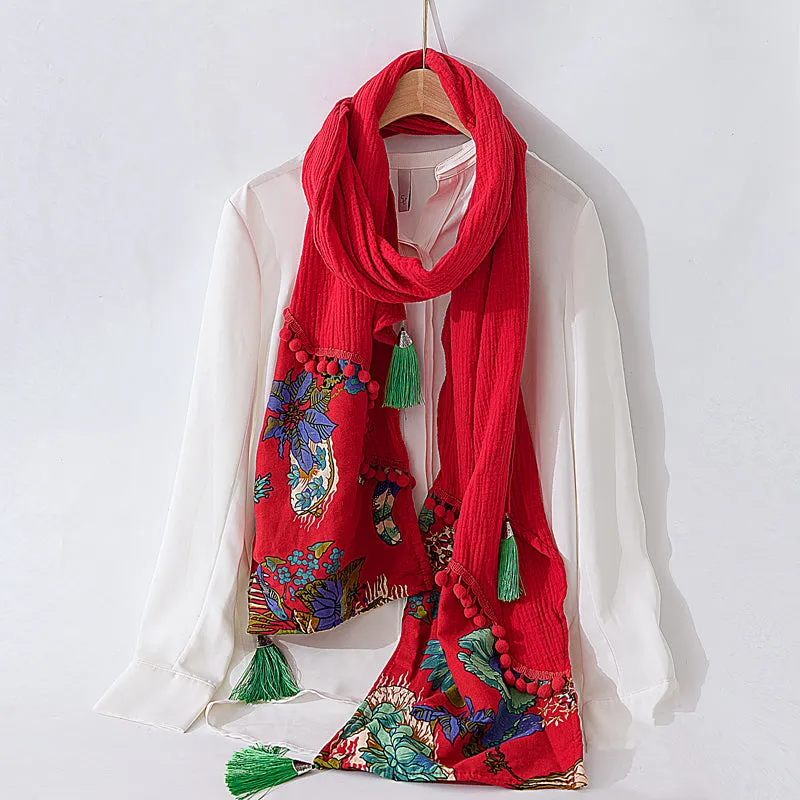 Ethnic scarf ladies retro Tibetan style stitching tassel spring and autumn cotton and linen red scarf shawl