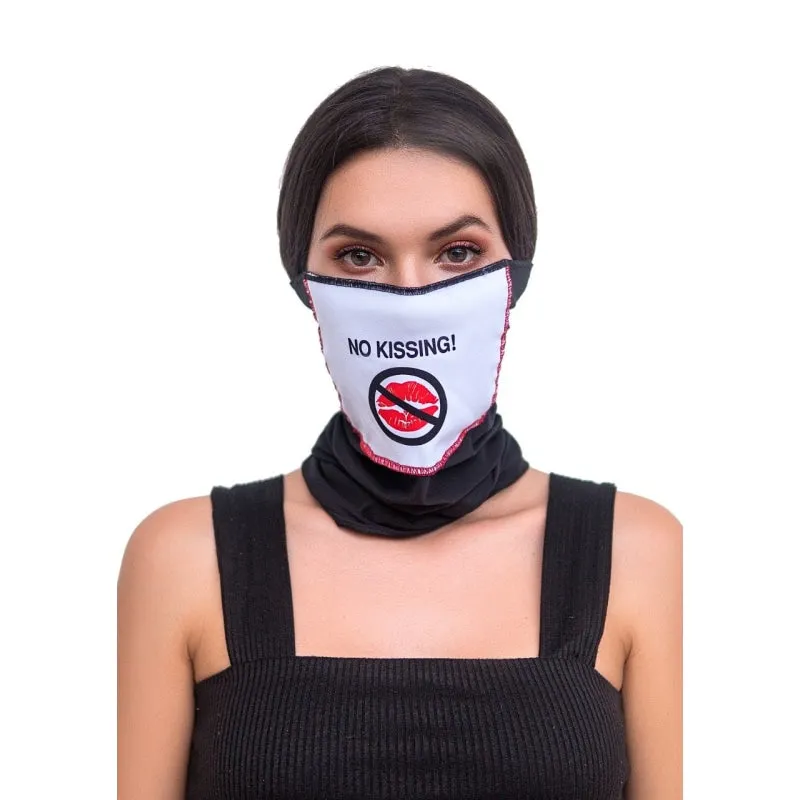 Face/ Neck Bandana Reversable Mask- Black/ Red Lips Print - One Size