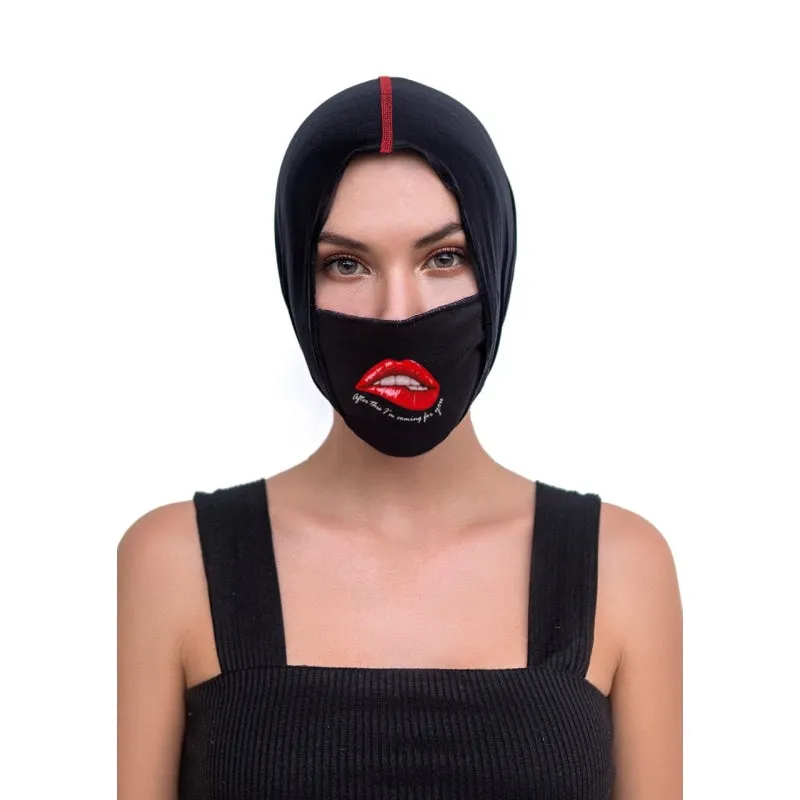 Face/ Neck Bandana Reversable Mask- Black/ Red Lips Print - One Size